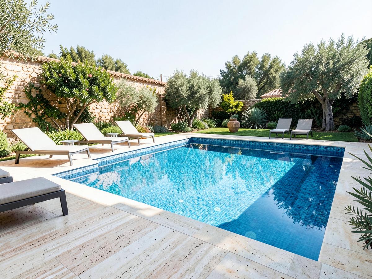 Piscina interrata finita con mosaico blu e bordo in travertino