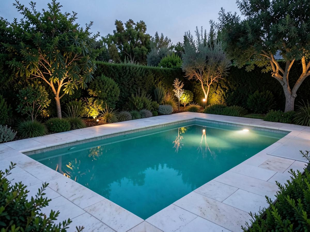 Piscina in giardino con illuminazione serale e terrazza in pietra