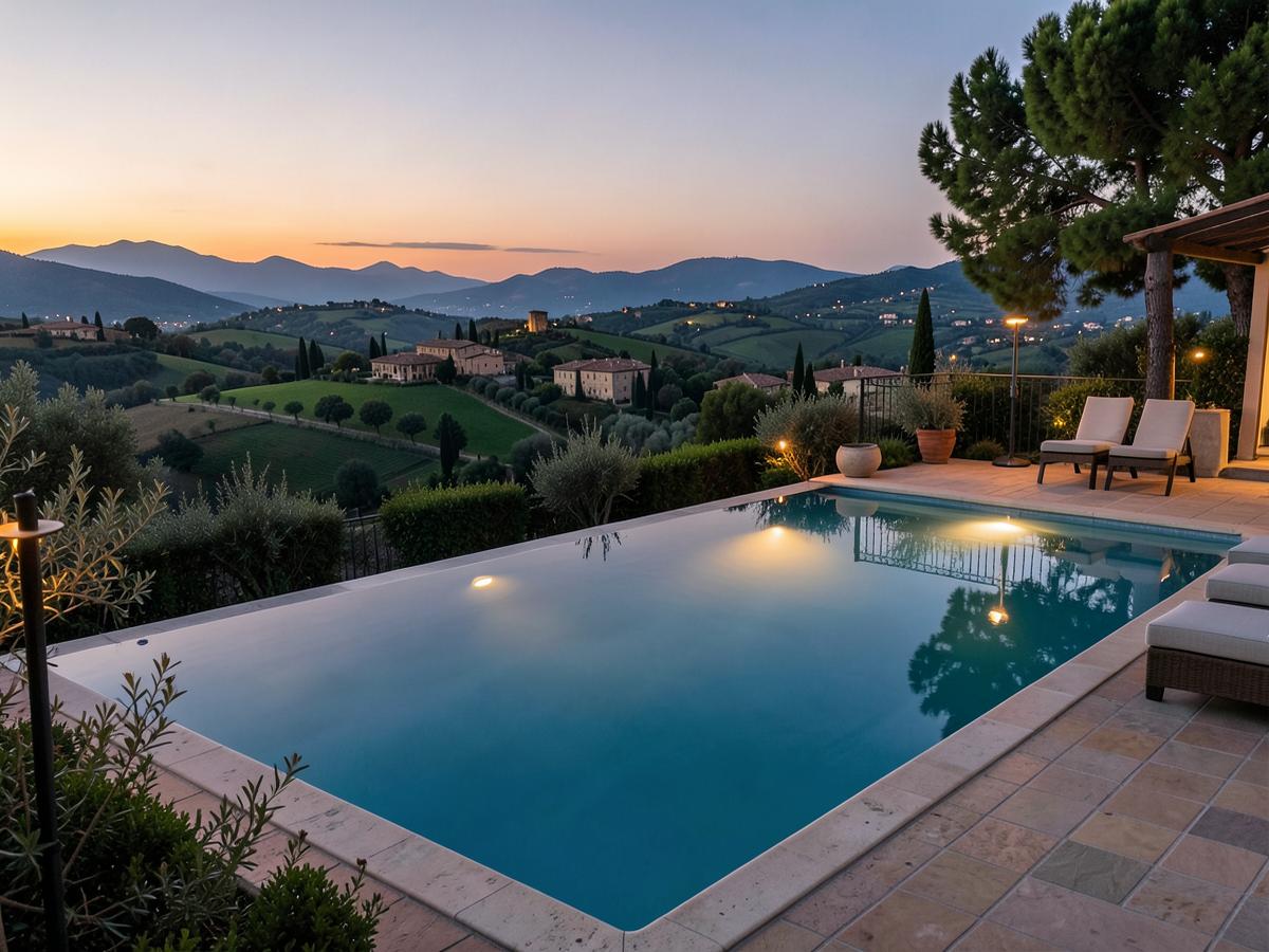 Piscina a sfioro con vista sulle colline al tramonto