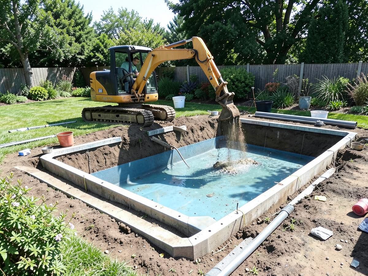 Scavo per piscina interrata in giardino con escavatore
