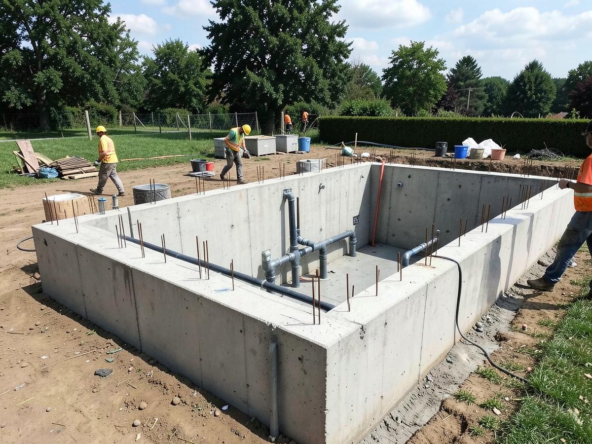 Struttura in cemento armato della piscina con impianti idraulici
